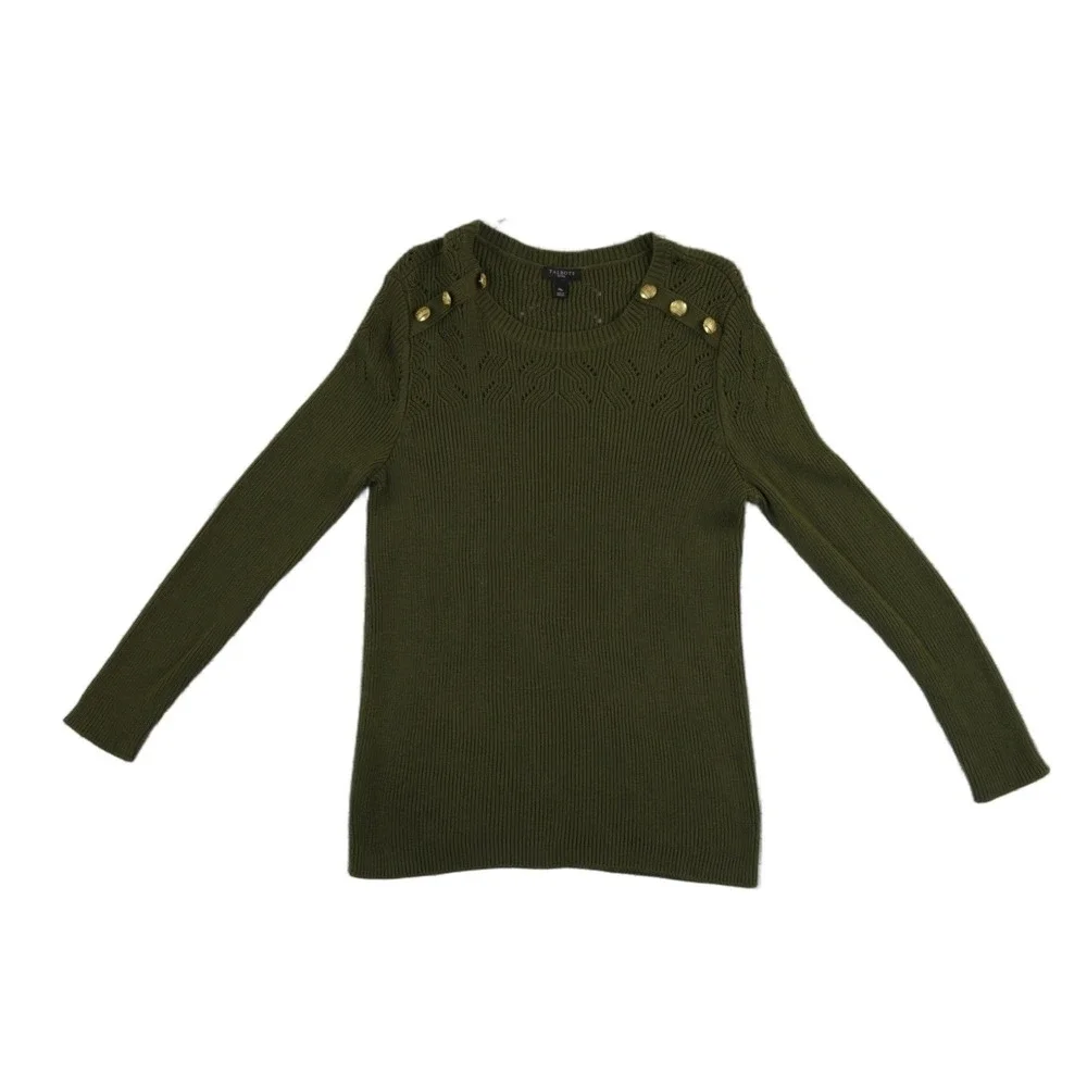 Talbots Sweater Women's Size Medium Petite Olive Green Pointelle Gold Buttons‎